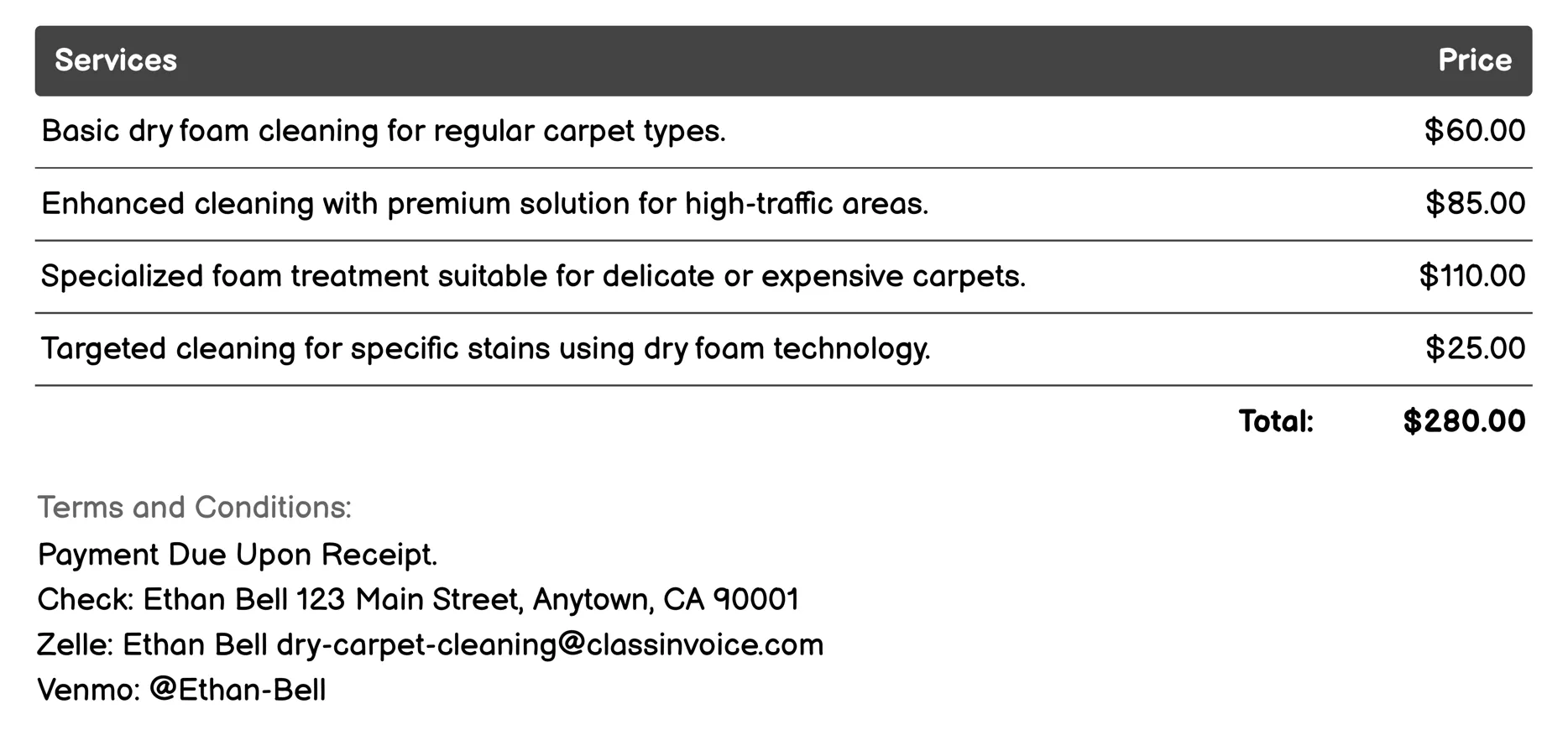 Dry Foam Cleaning Invoice Example