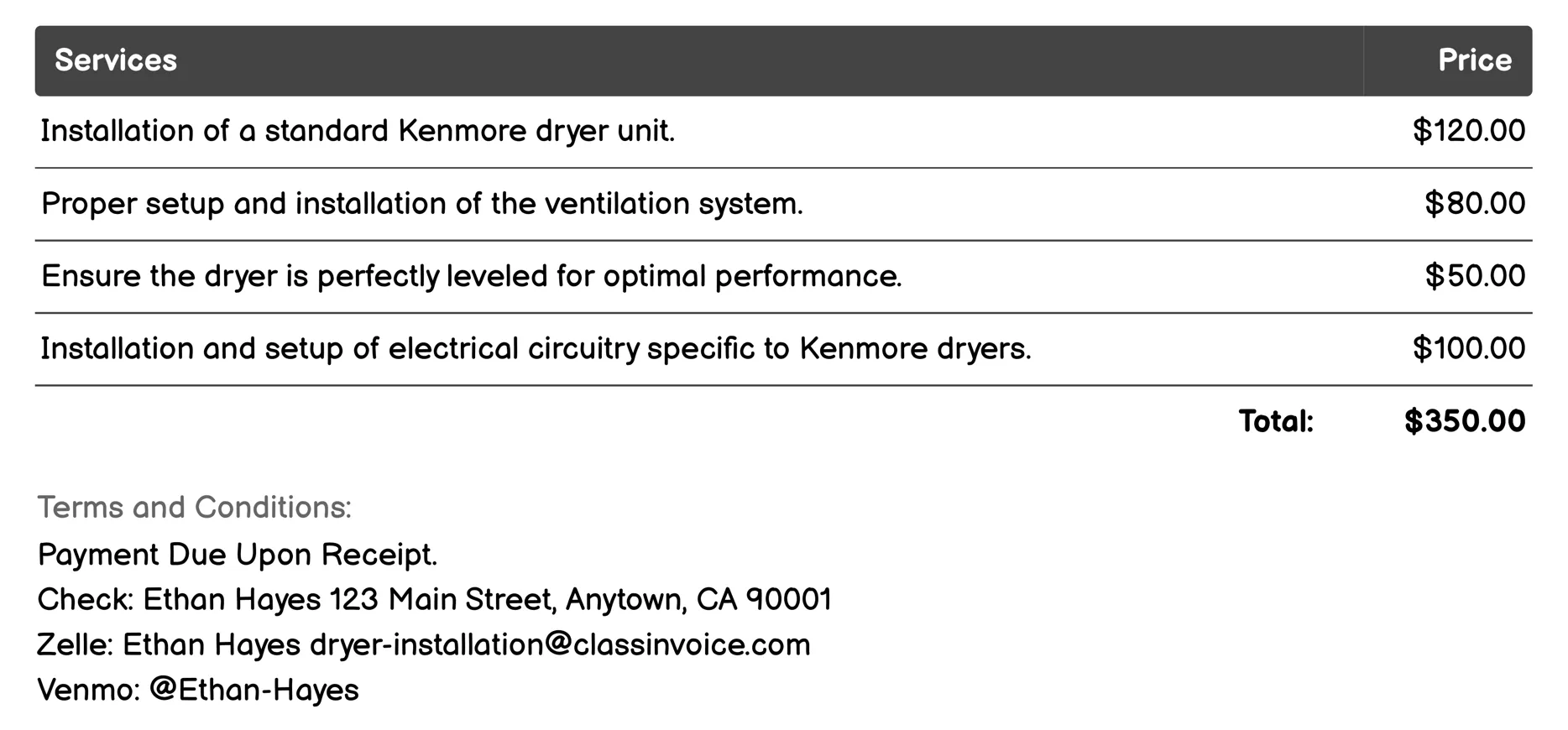 Kenmore Dryer Installation Invoice Example