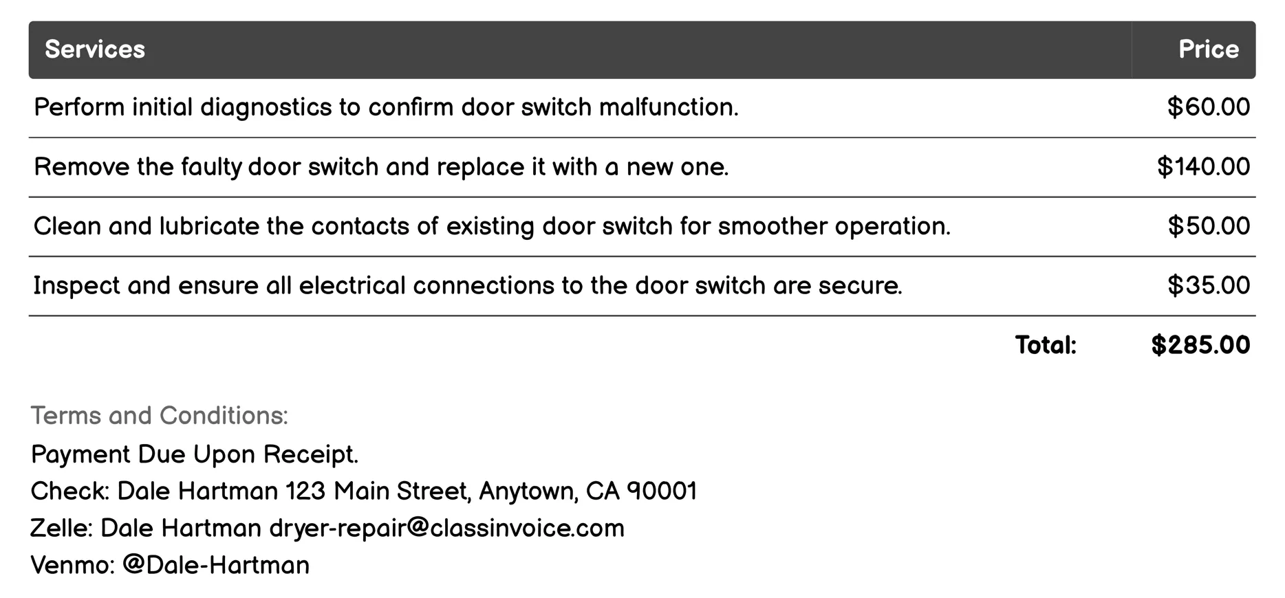 Door Switch Repair Invoice Example