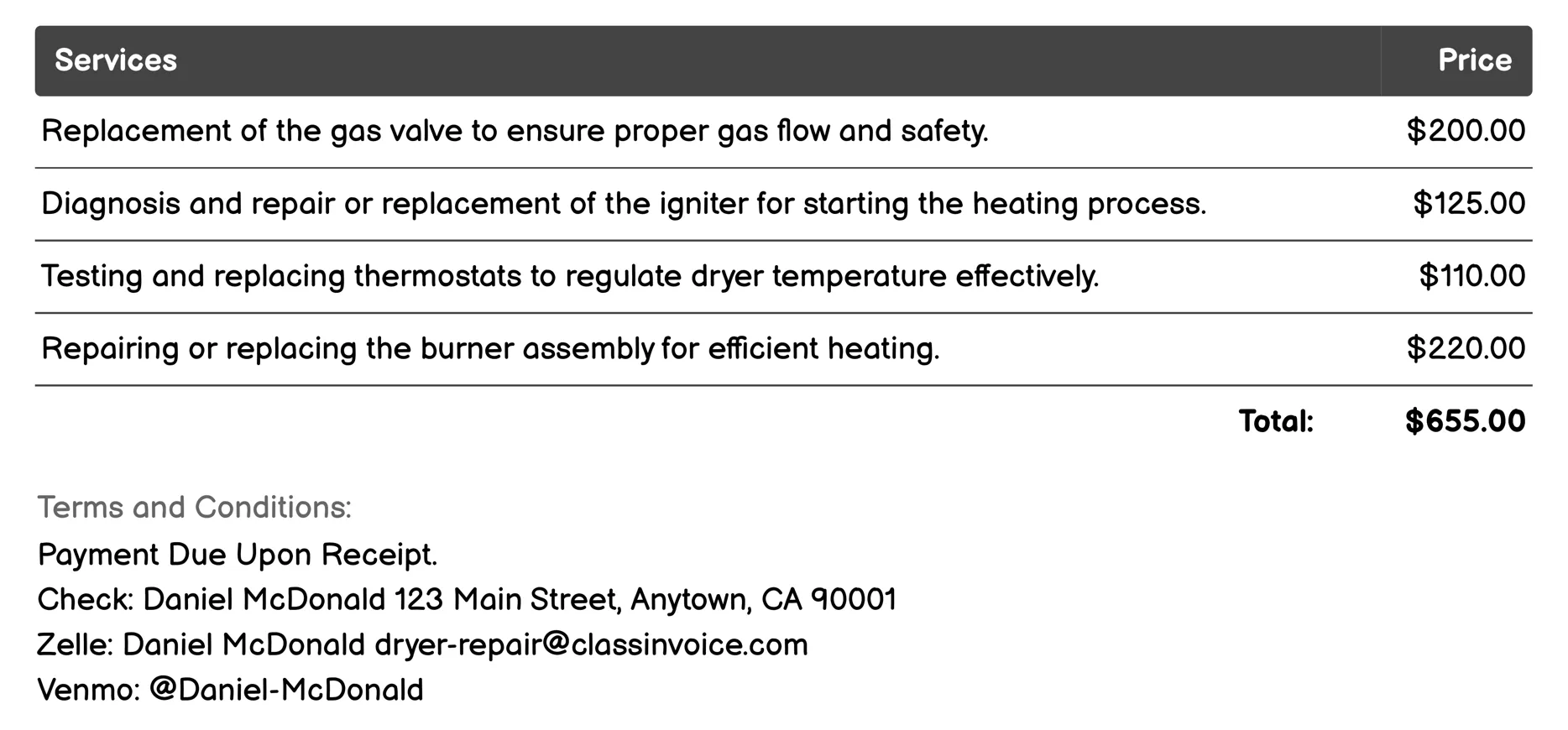 Gas Dryer Repair Invoice Example