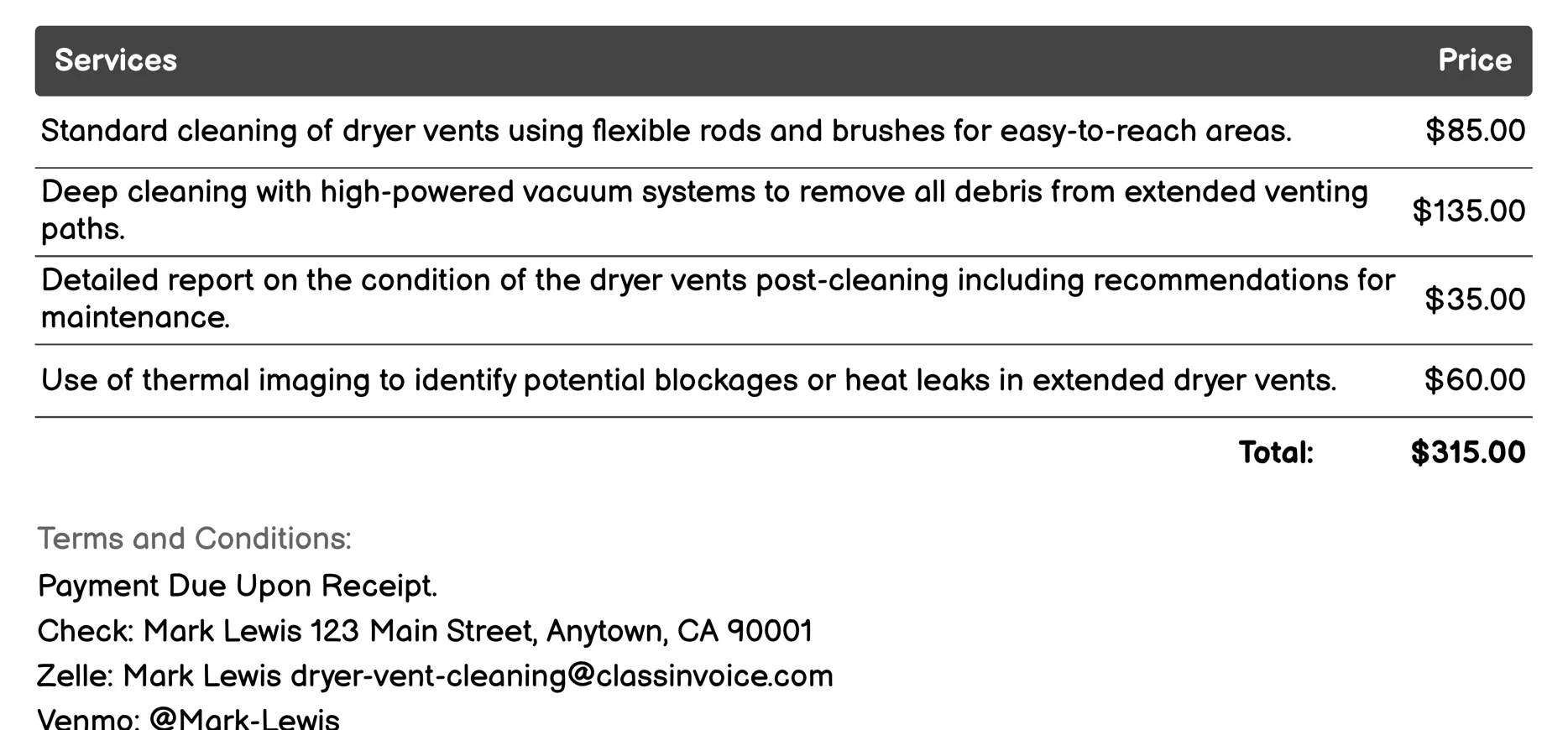 Extended Reach Dryer Vent Cleaning Invoice Example