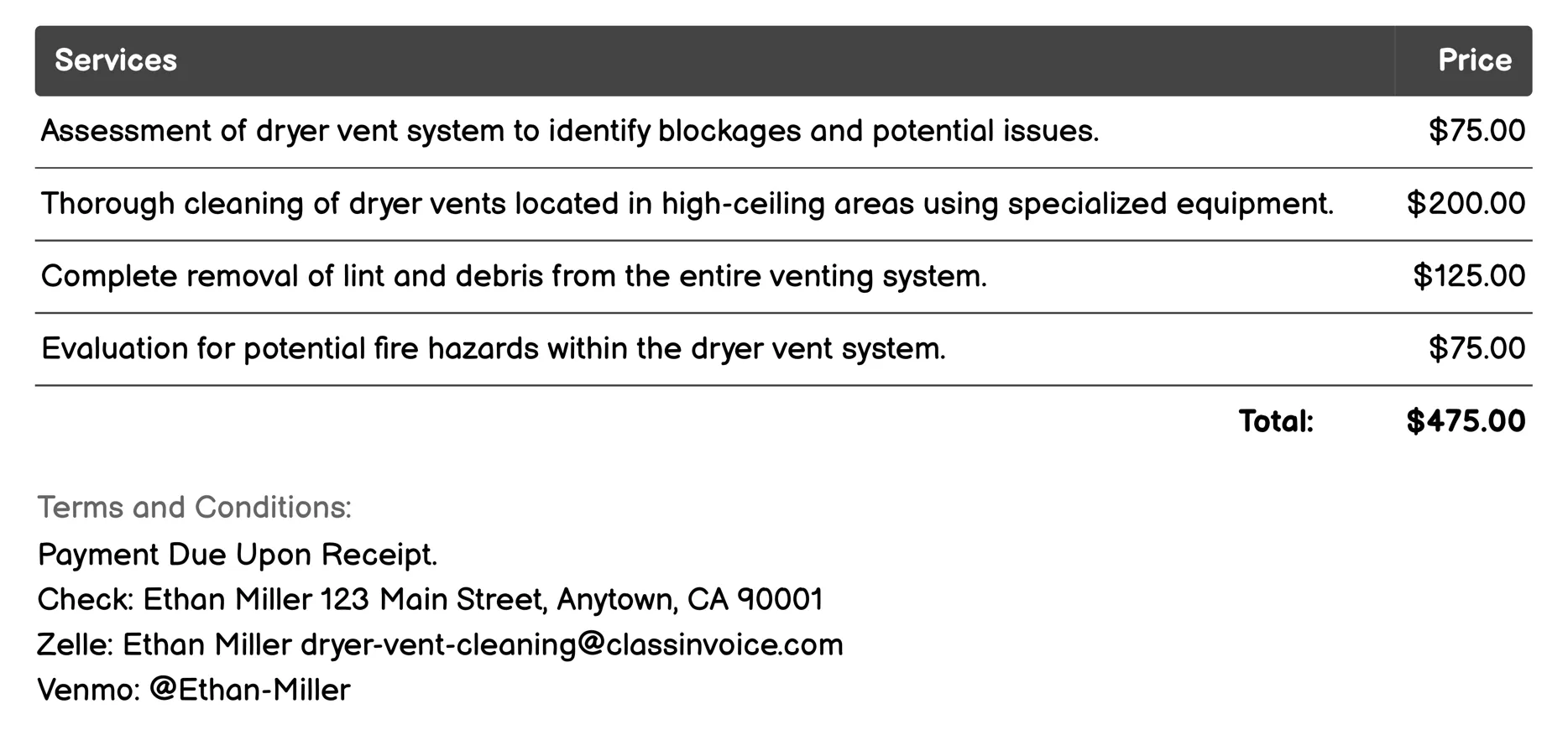 High-Ceiling Vent Cleaning Invoice Example