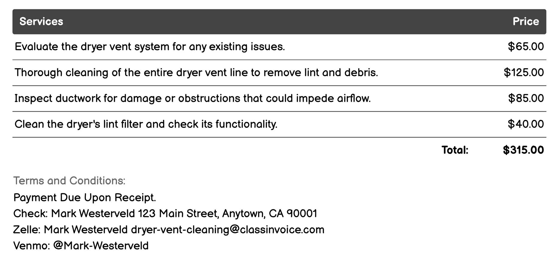 Post-Renovation Dryer Vent Cleaning Invoice Example