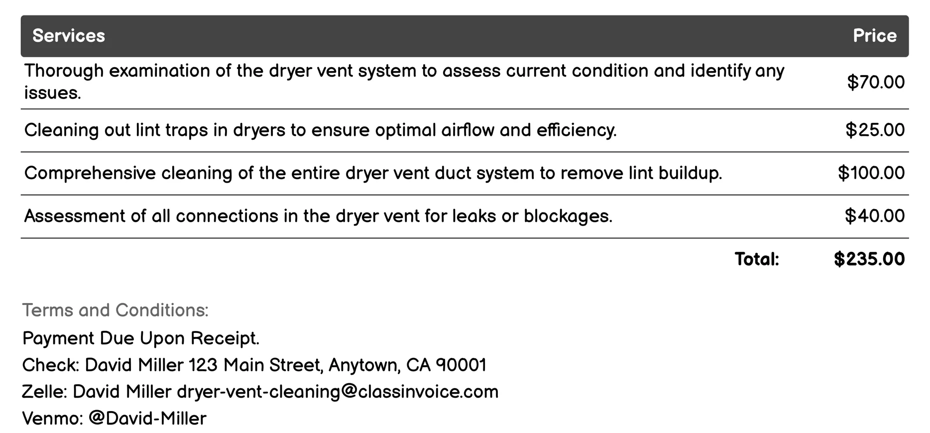 Pre-Purchase Home Inspection Cleaning Invoice Example