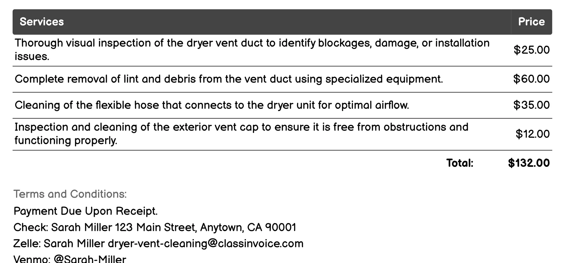 Washer/Dryer Combo Unit Vent Cleaning Invoice Example