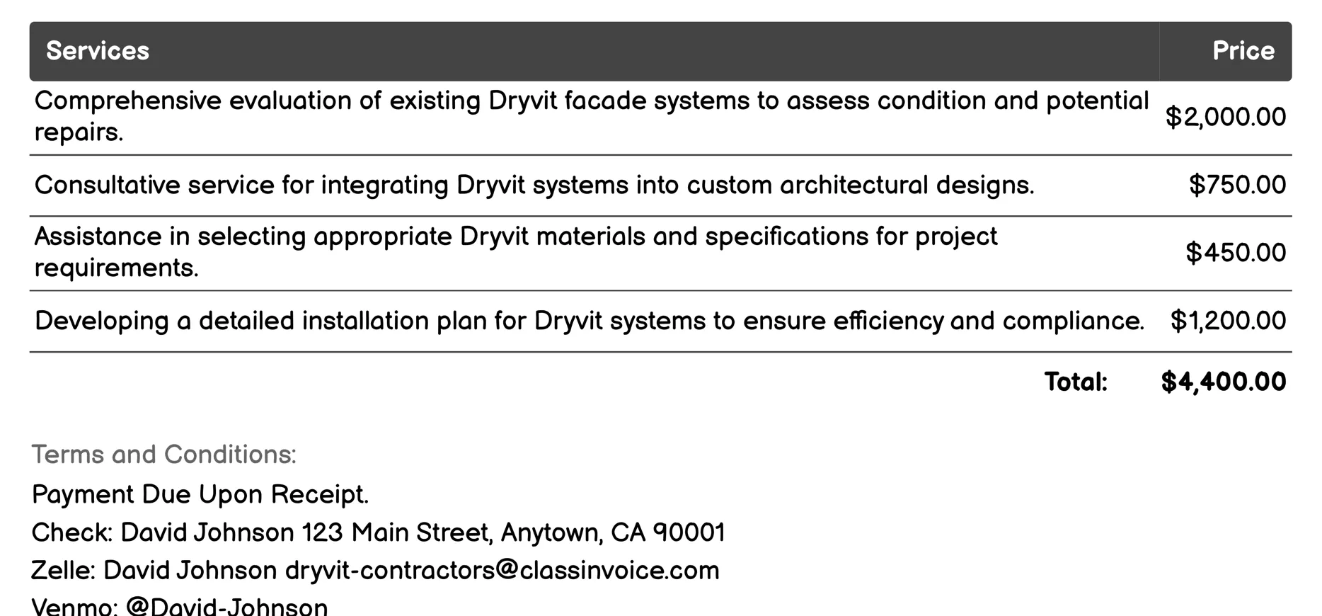 Custom Architectural Design Invoice Example