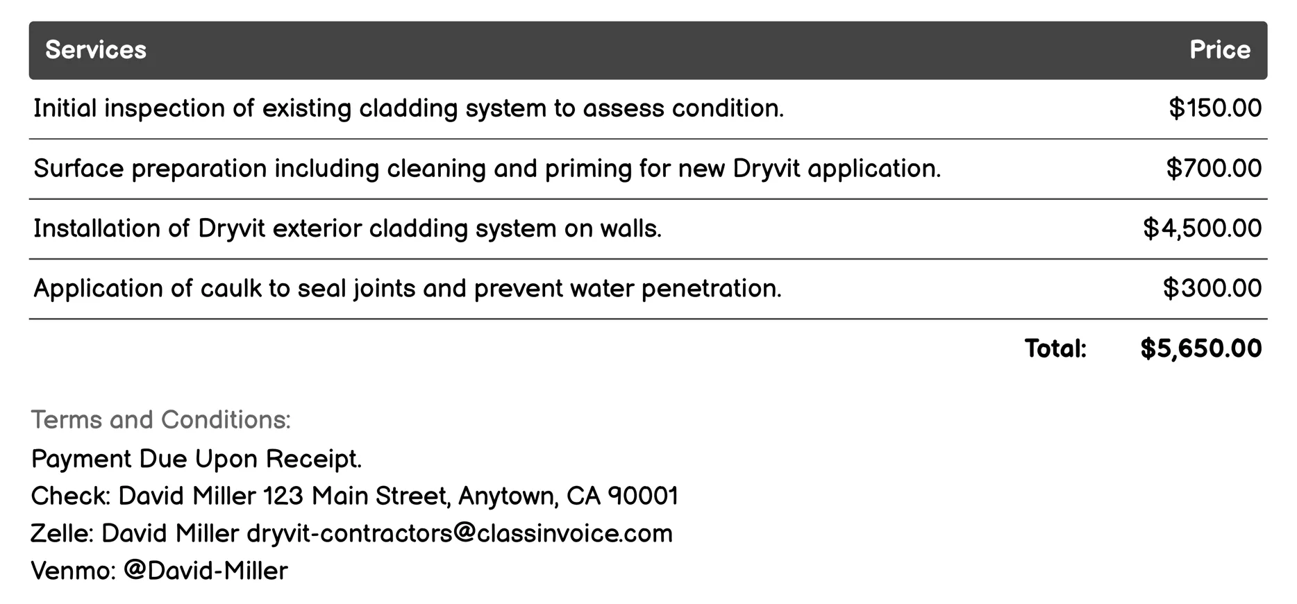 Exterior Cladding Invoice Example