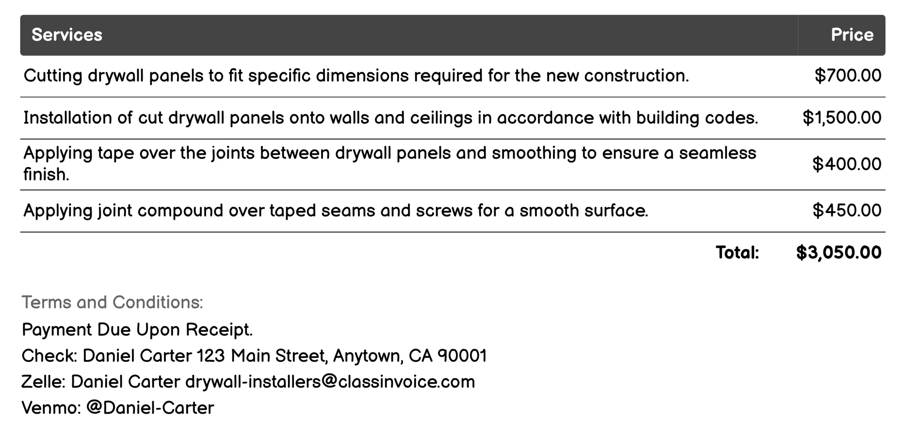 New Construction Installation Invoice Example