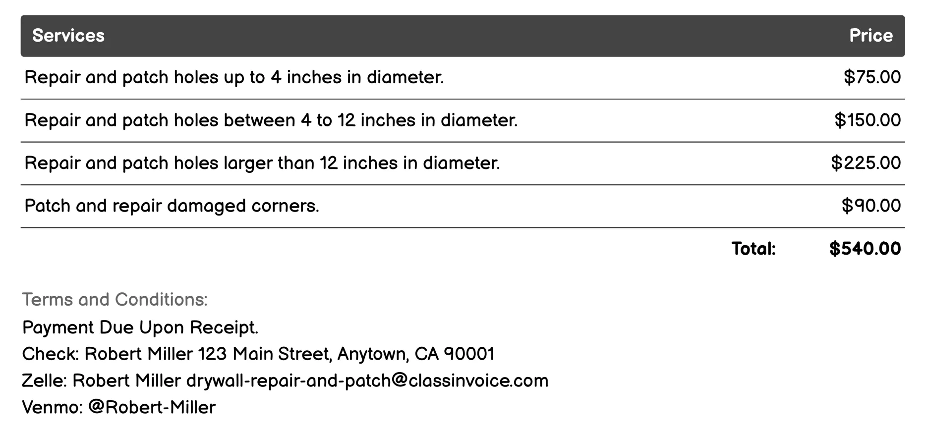 Hole Patching Invoice Example