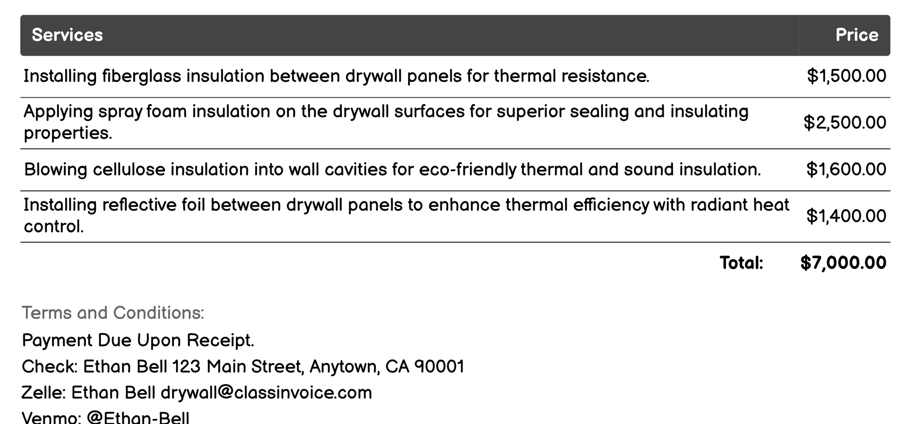 Insulation Installation Invoice Example