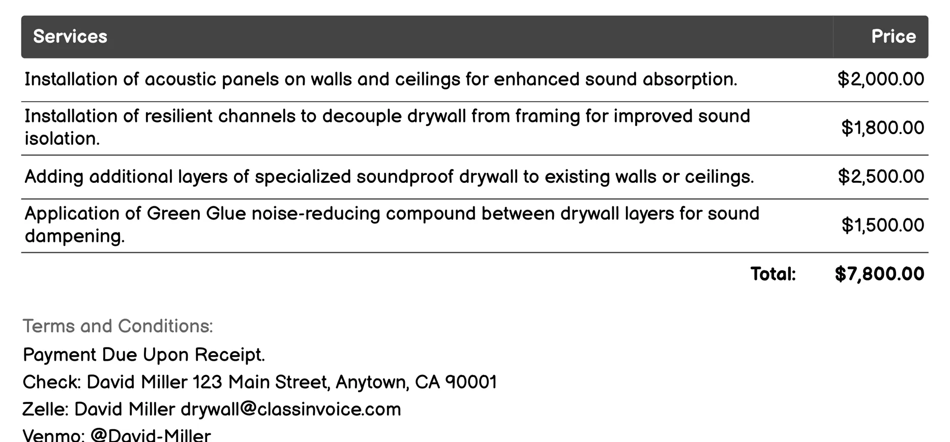 Soundproofing Invoice Example