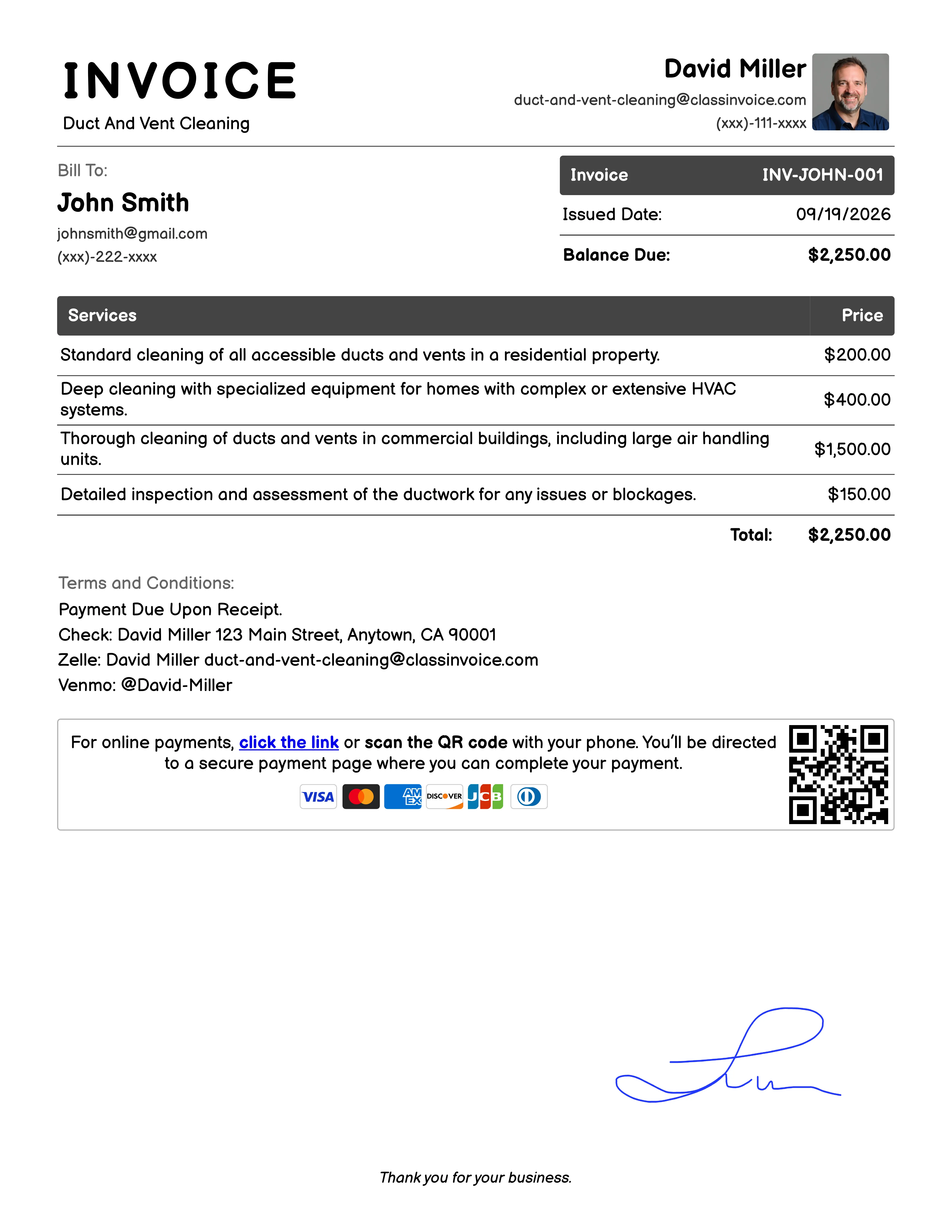Duct And Vent Cleaning Invoice Example