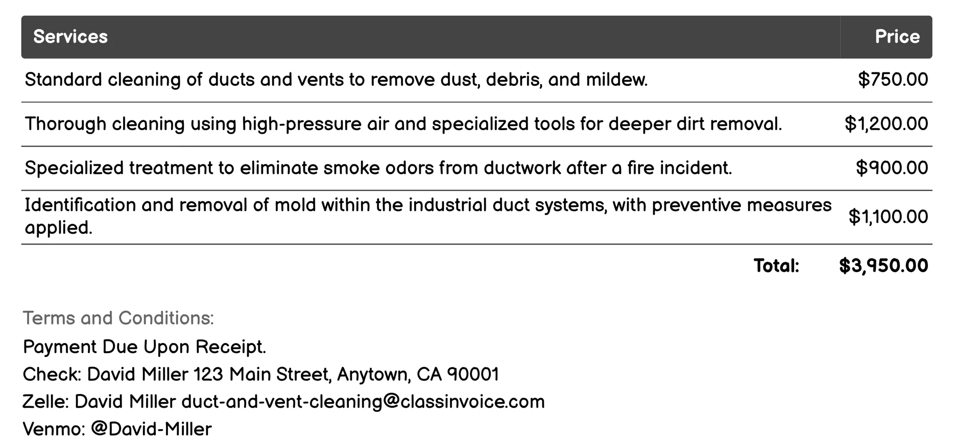 Industrial Duct Cleaning Invoice Example