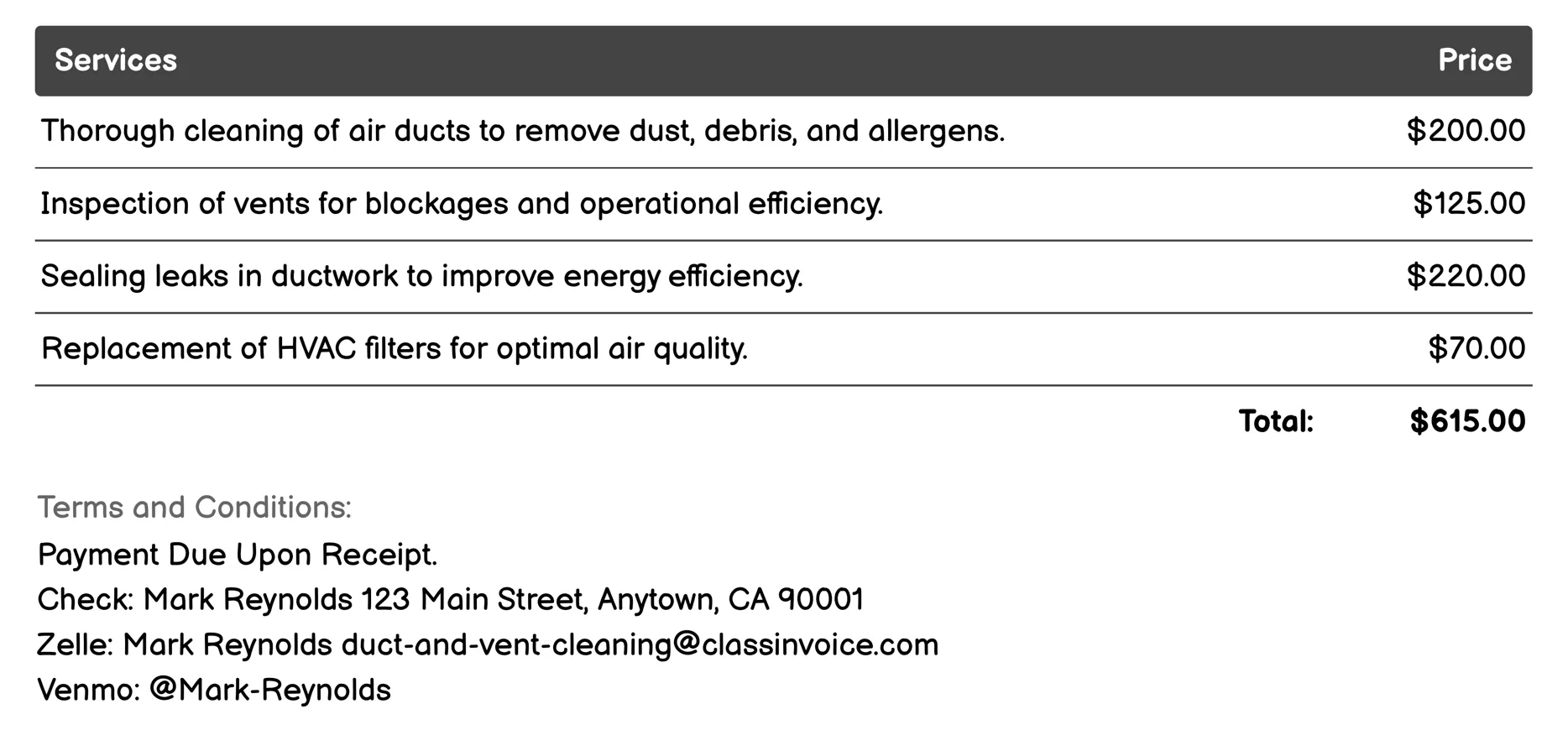 Preventive Maintenance Plans Invoice Example