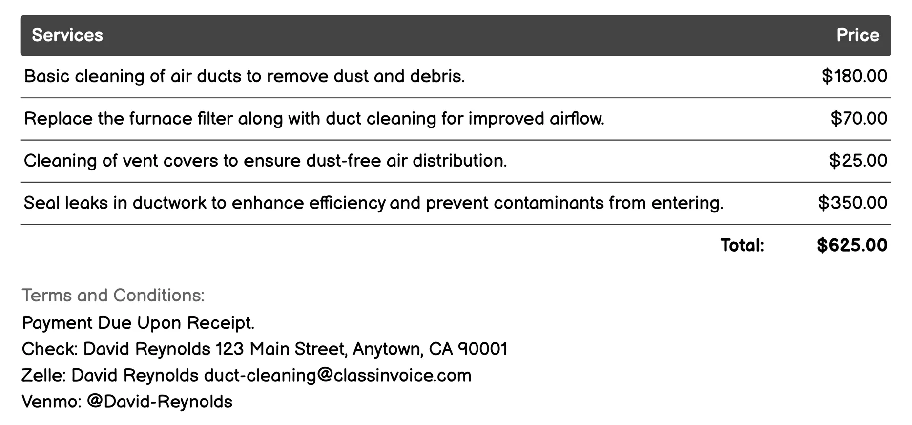 Air Quality Improvement Duct Cleaning Invoice Example