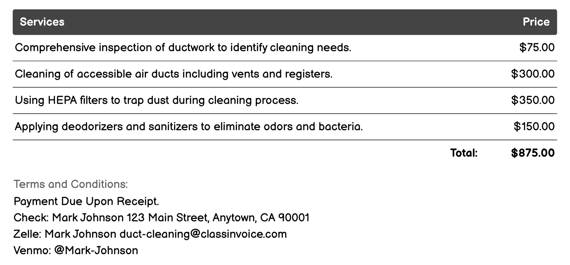 Residential Duct Cleaning Invoice Example