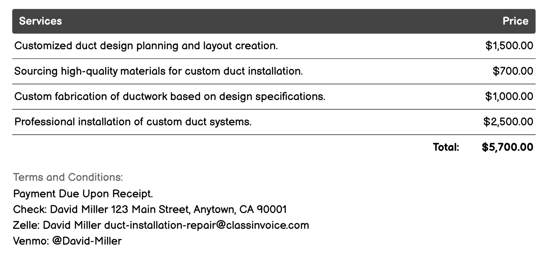 Custom Duct Design Invoice Example