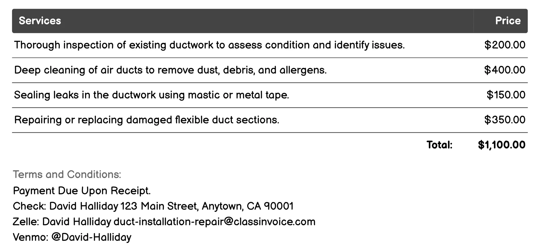 Duct Repair Services Invoice Example