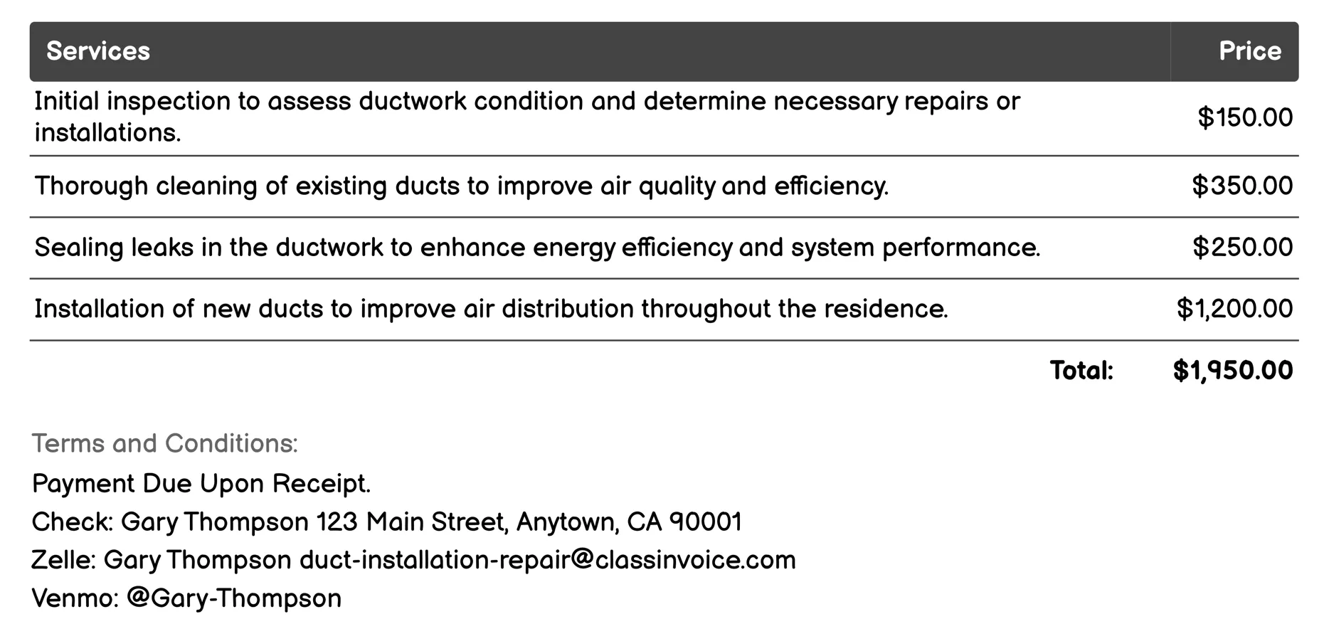 Residential Ductwork Installation Invoice Example