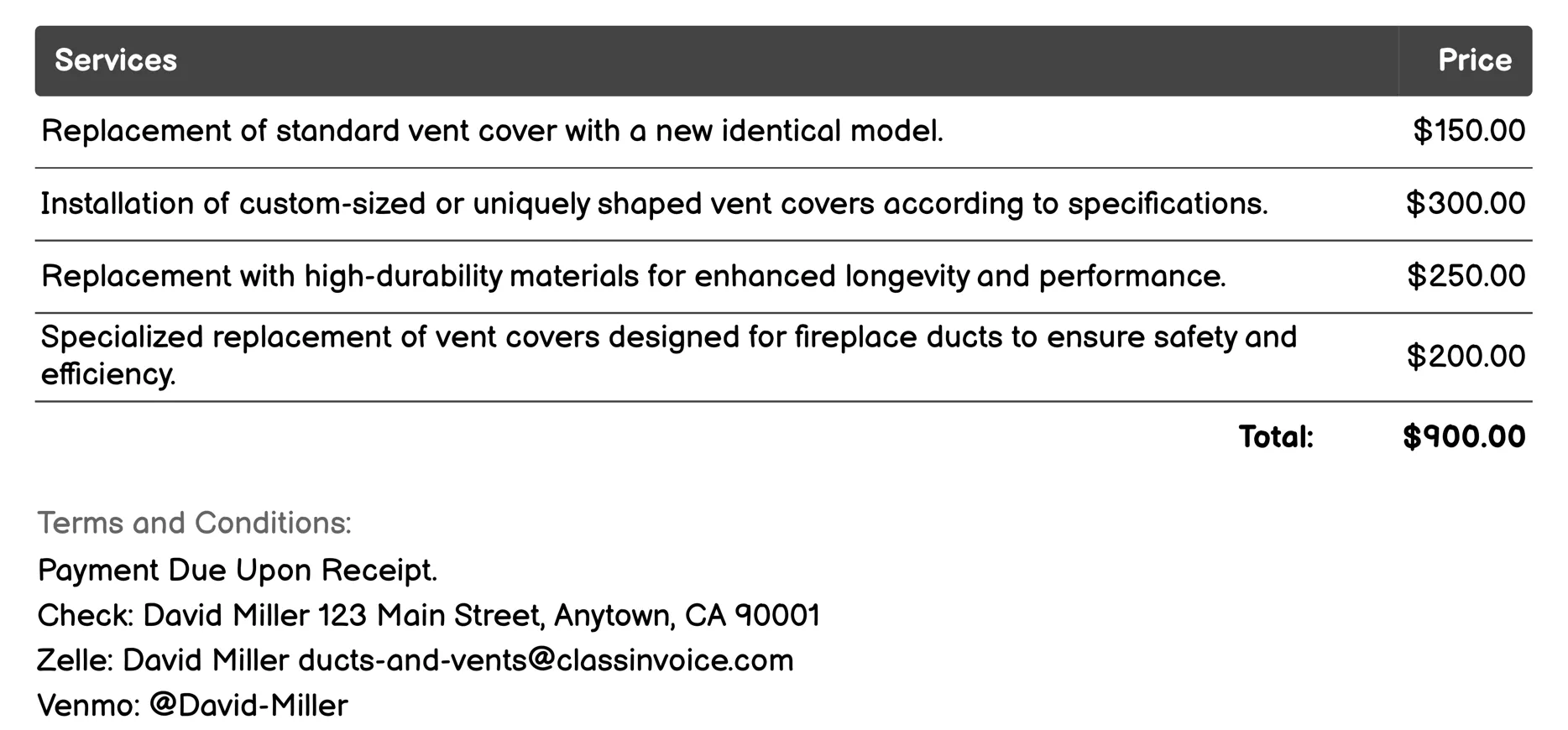 Vent Cover Replacement Invoice Example