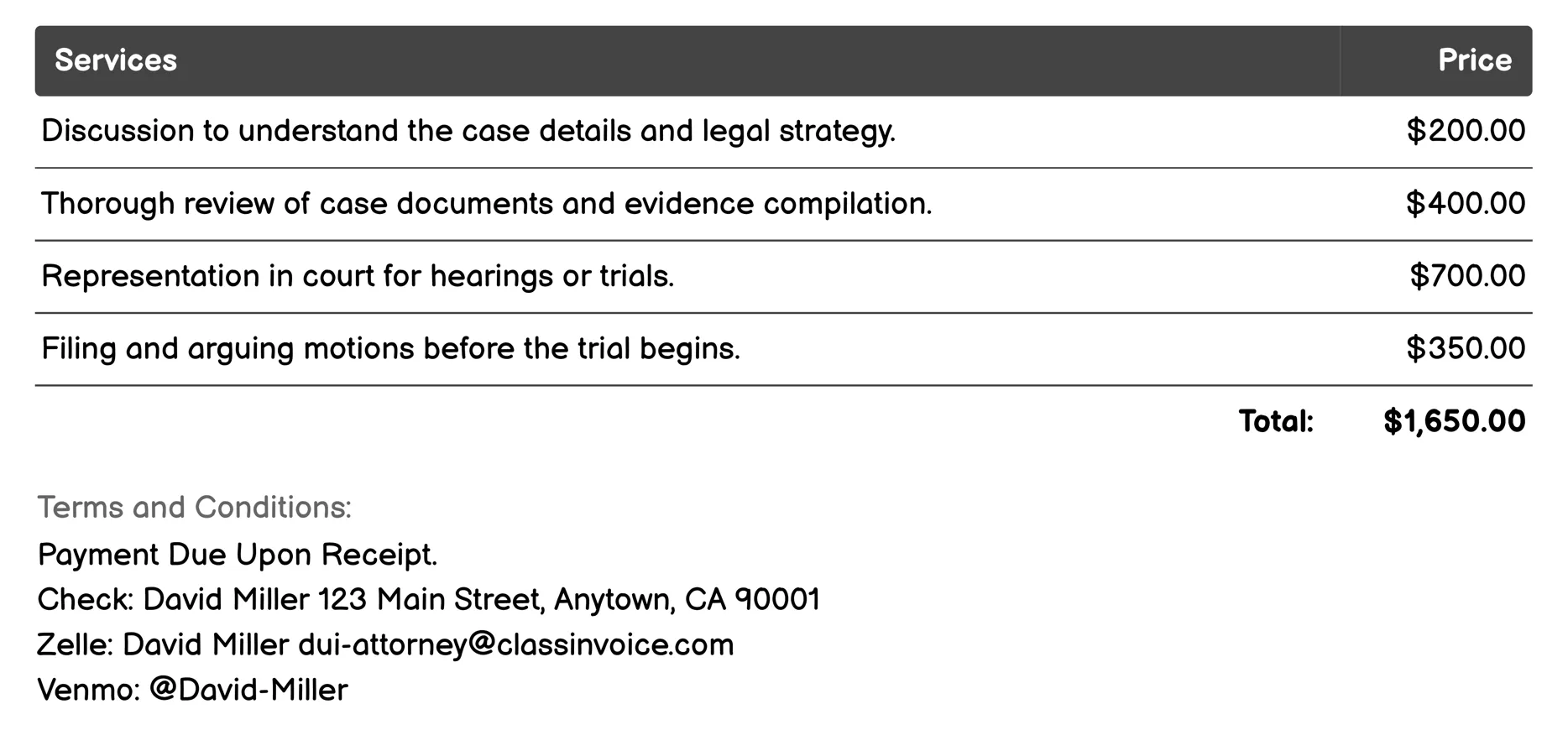 Court Representation Invoice Example