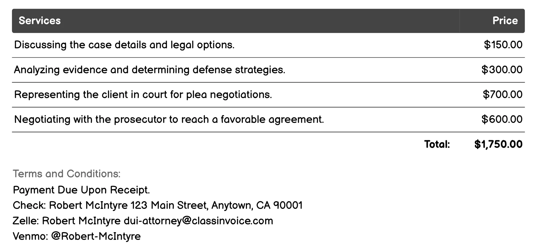 Plea Bargaining Invoice Example