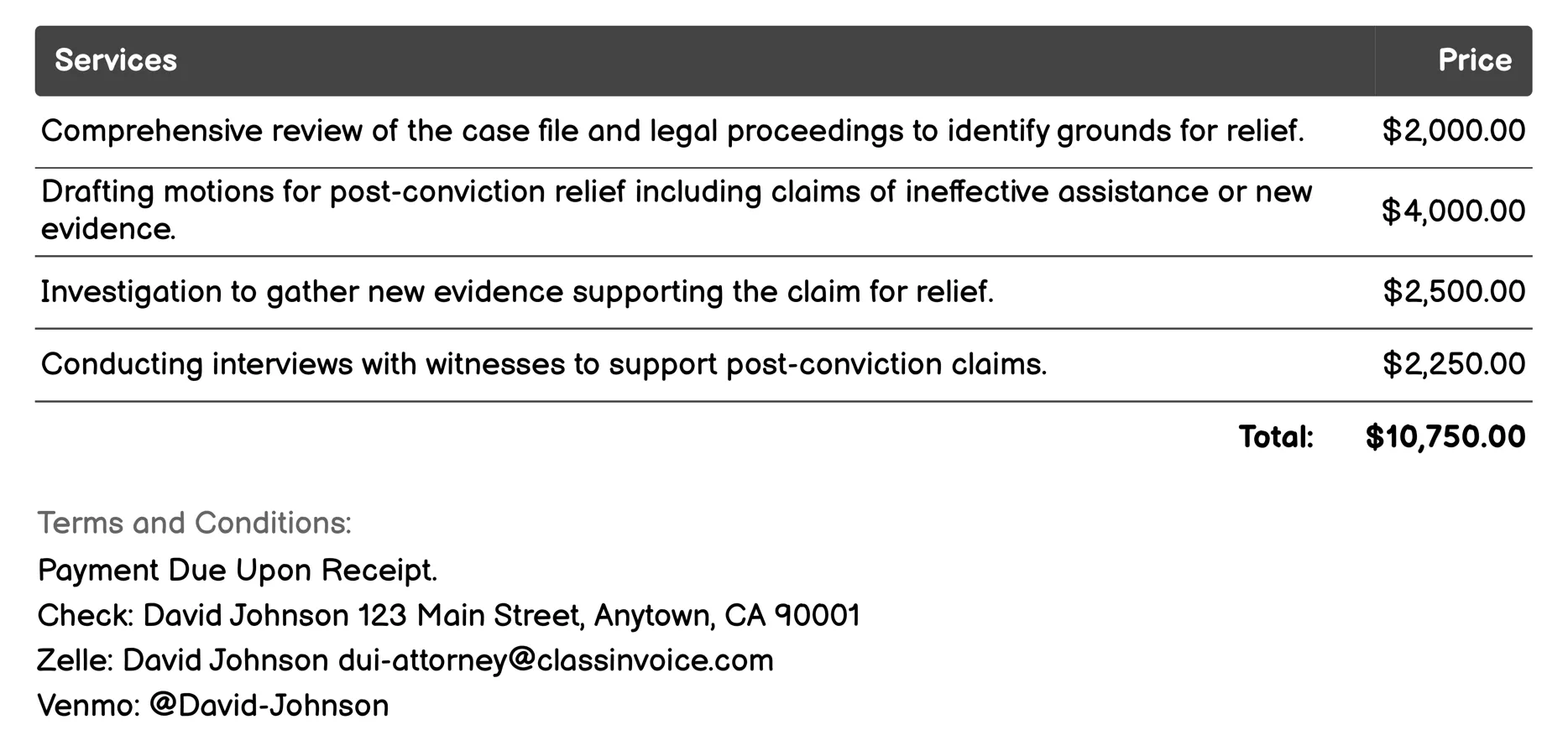 Post-Conviction Relief Invoice Example