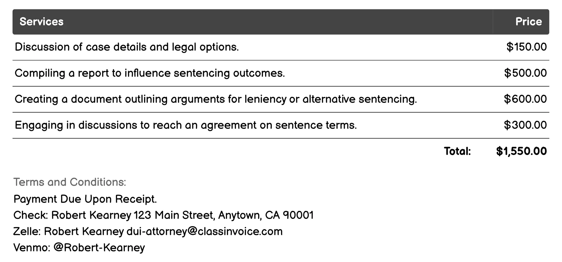 Sentencing Advocacy Invoice Example