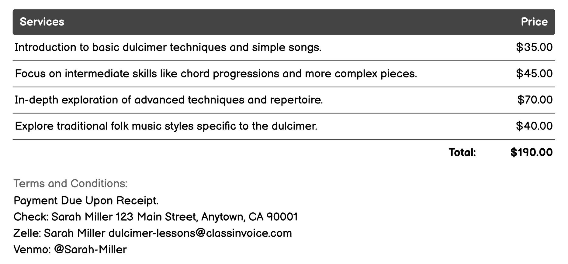 One-on-One Private Instruction Invoice Example