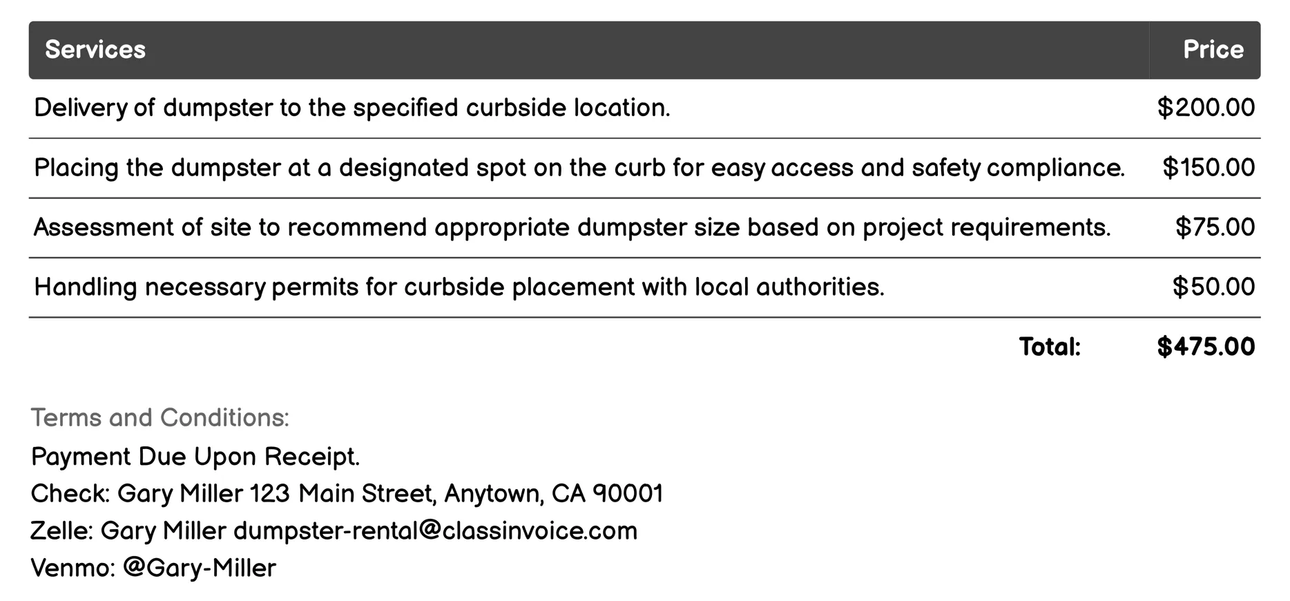 Curbside Dumpster Placement Invoice Example