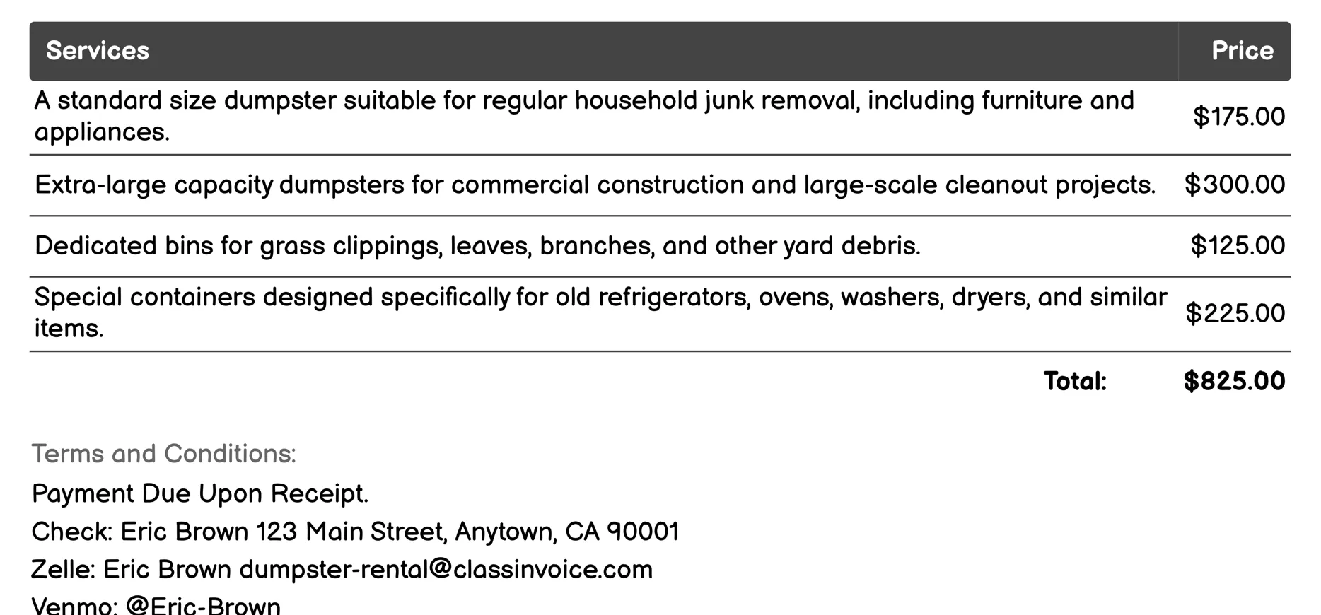Residential and Commercial Services Invoice Example