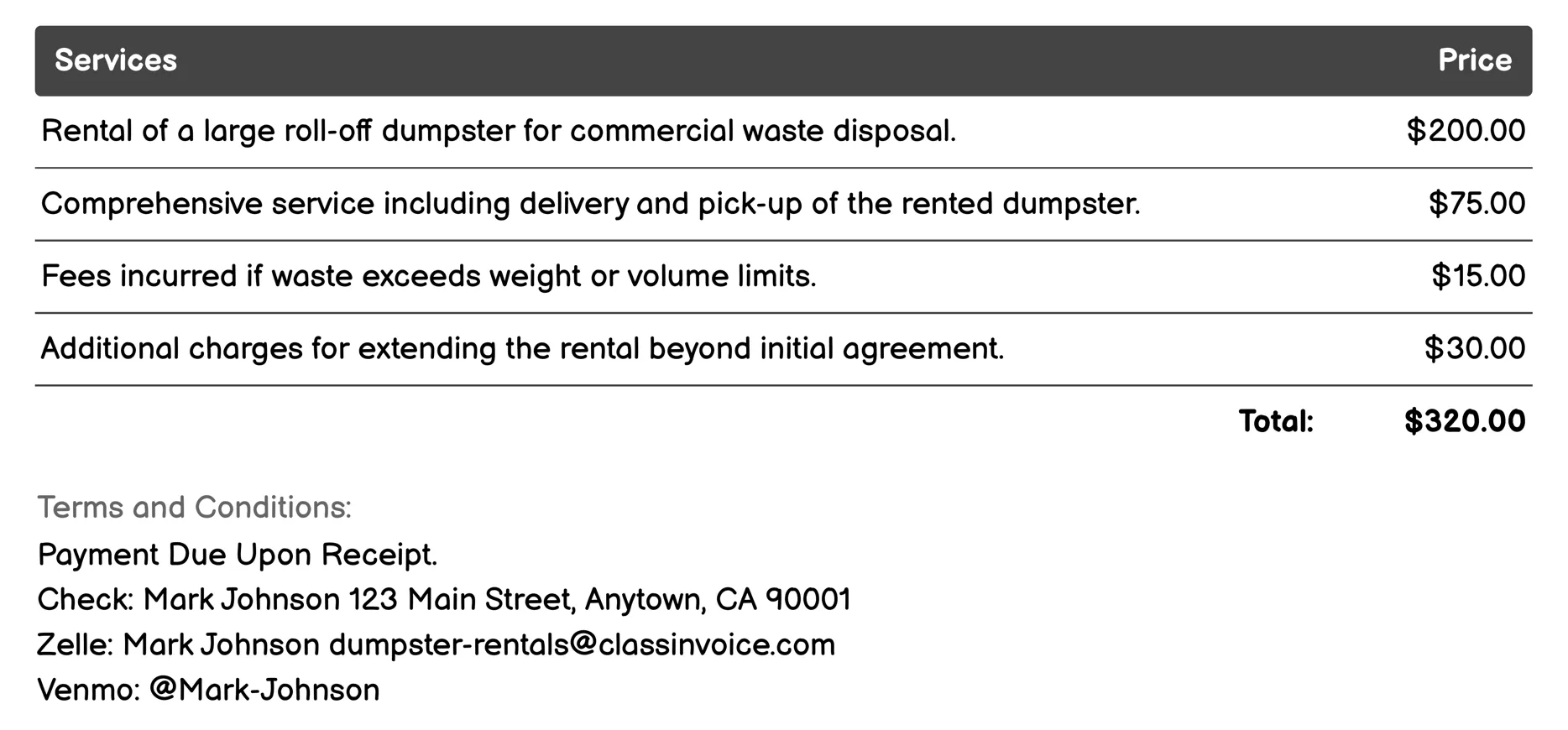 Commercial Dumpster Rental Invoice Example