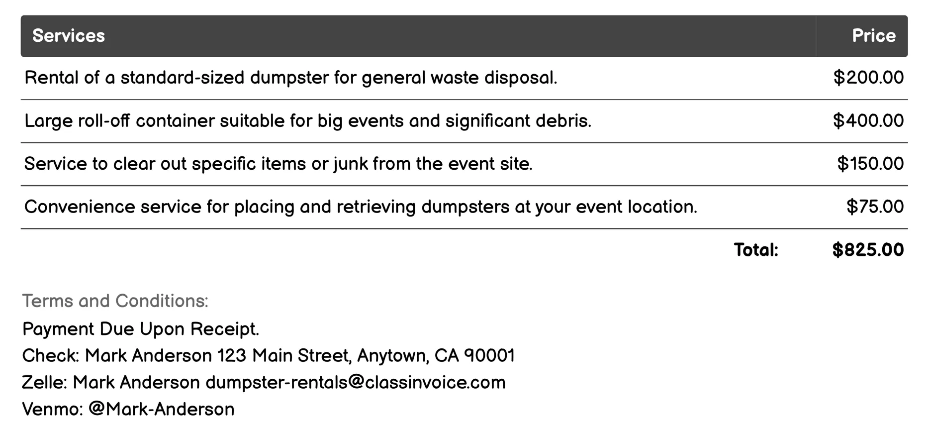 Event Dumpster Rental Invoice Example