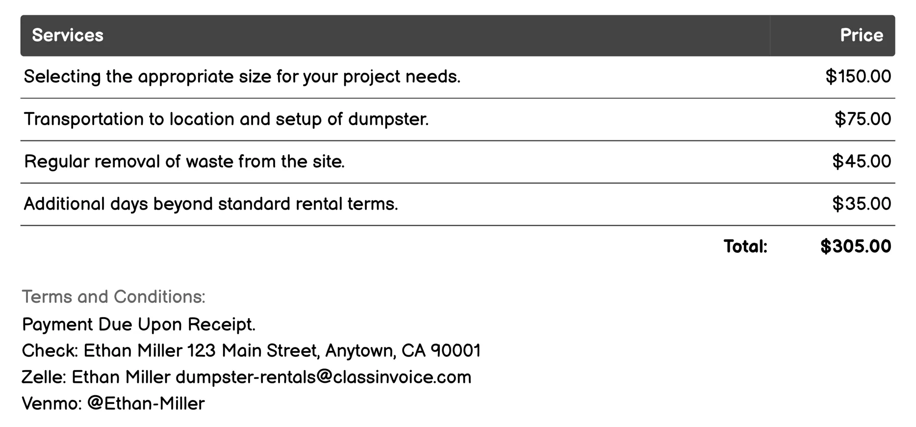 Long-Term Dumpster Rental Invoice Example