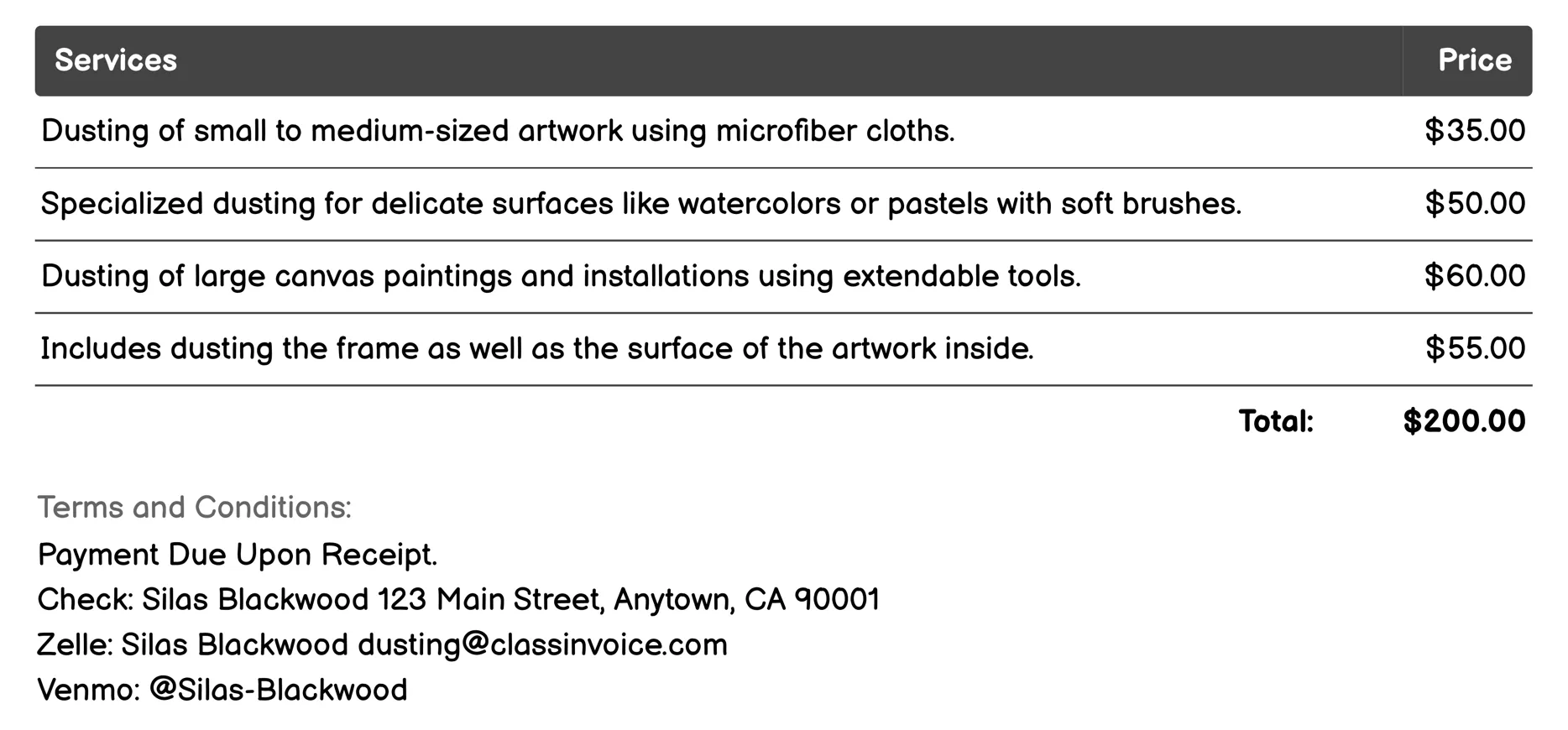 Artwork Dusting Invoice Example