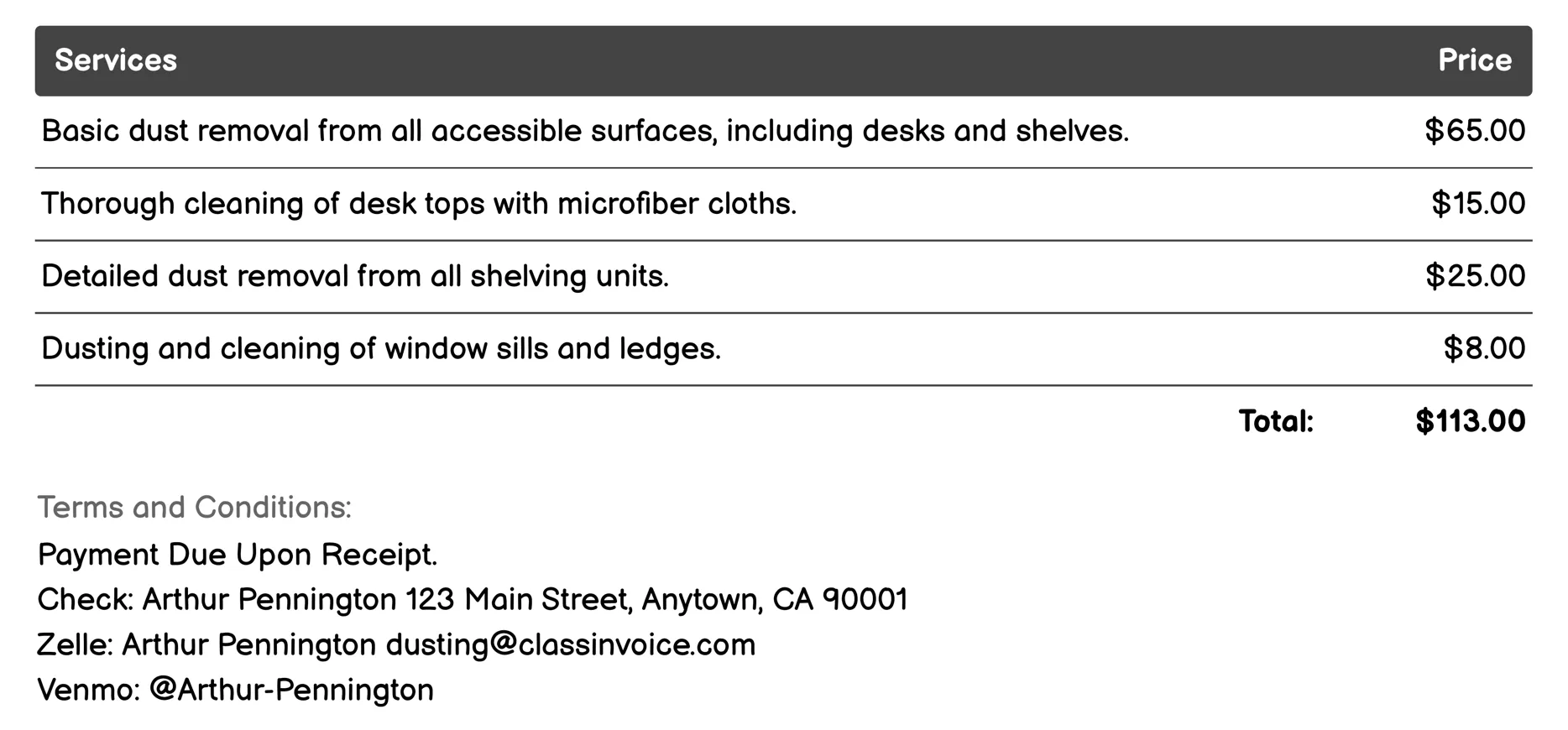 Office Dusting Invoice Example