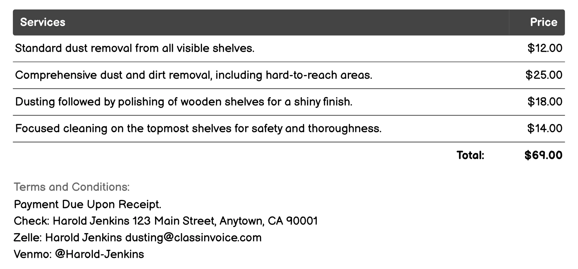 Shelf Dusting Invoice Example