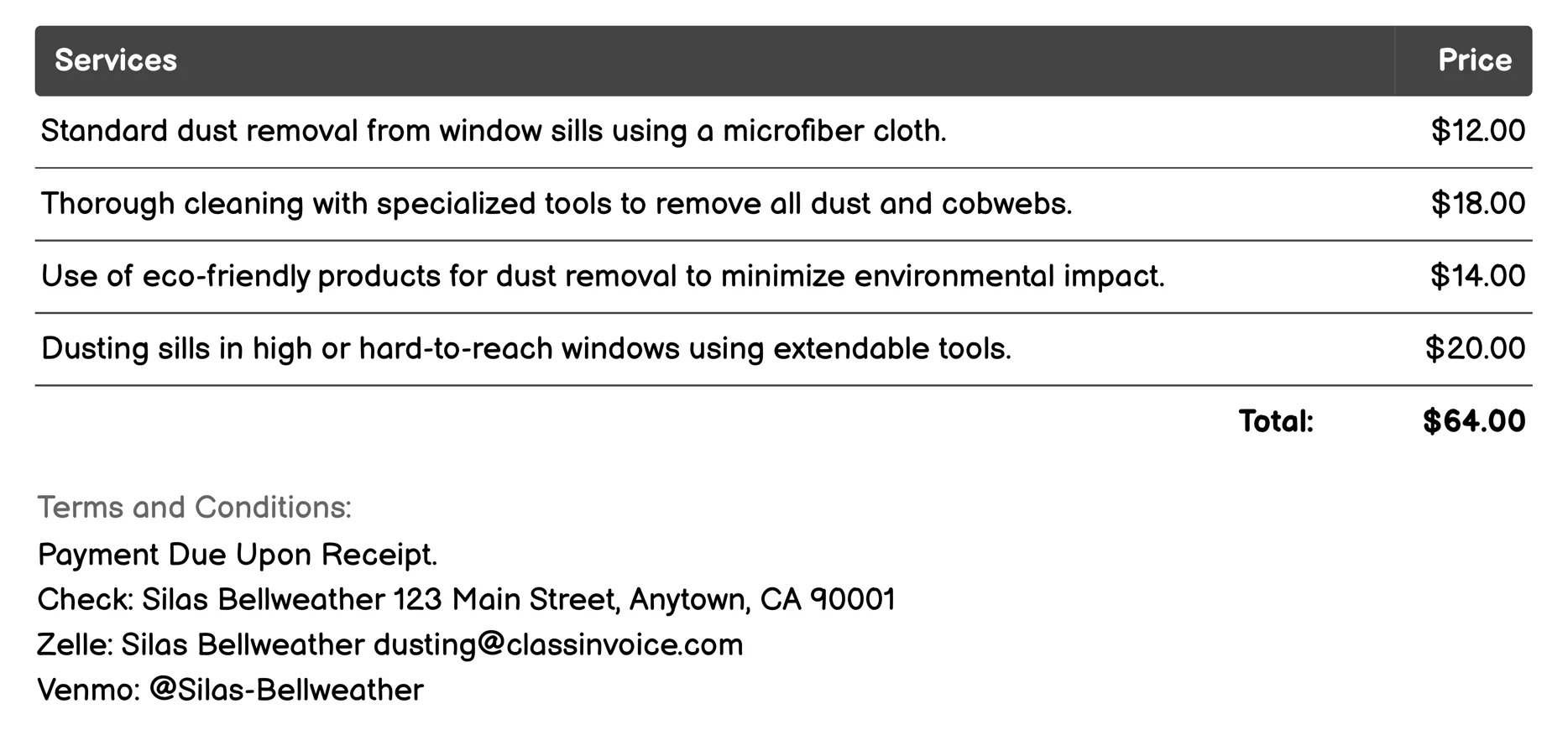 Window Sill Dusting Invoice Example