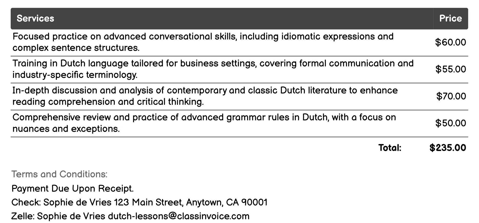 Advanced Dutch Lessons Invoice Example