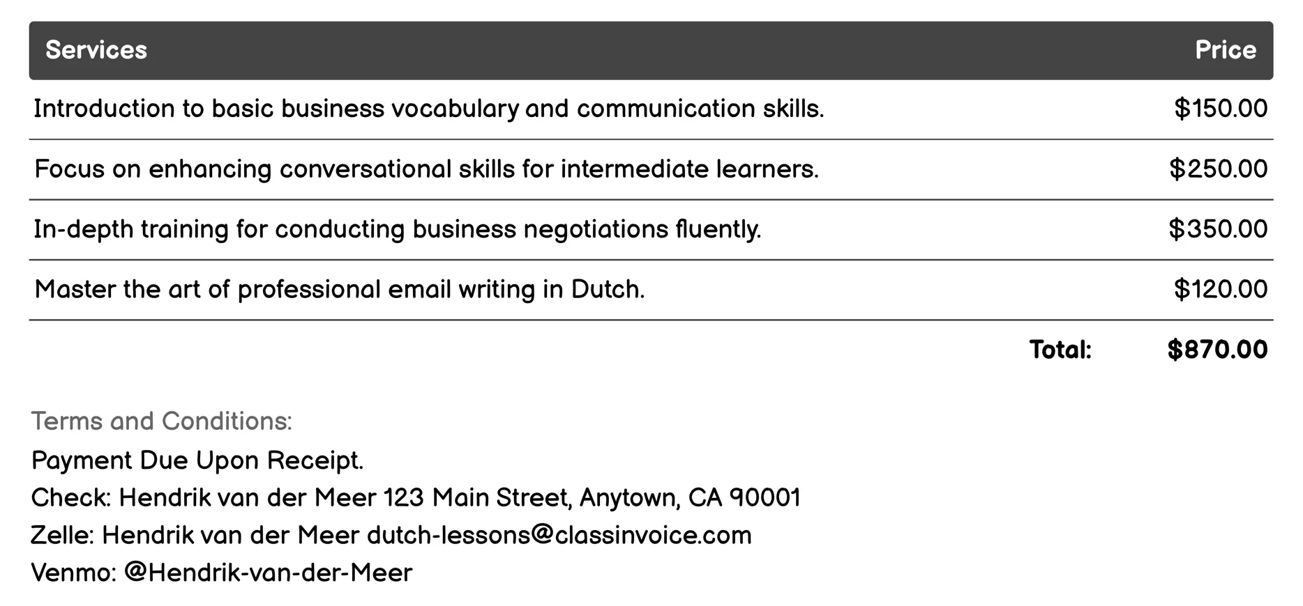 Business Dutch Training Invoice Example