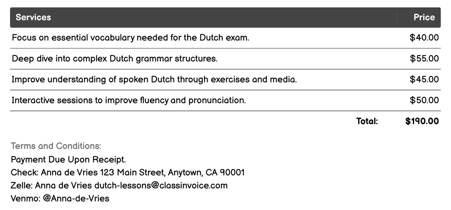 Exam Preparation Courses Invoice Example