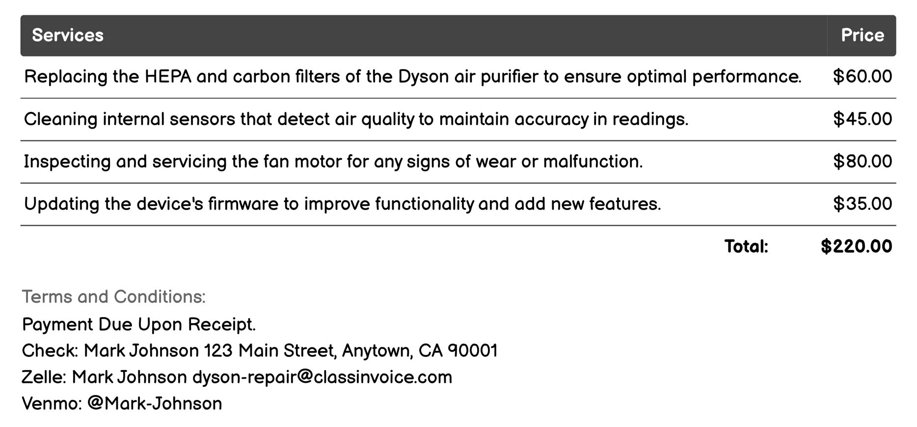 Air Purifier Maintenance Invoice Example