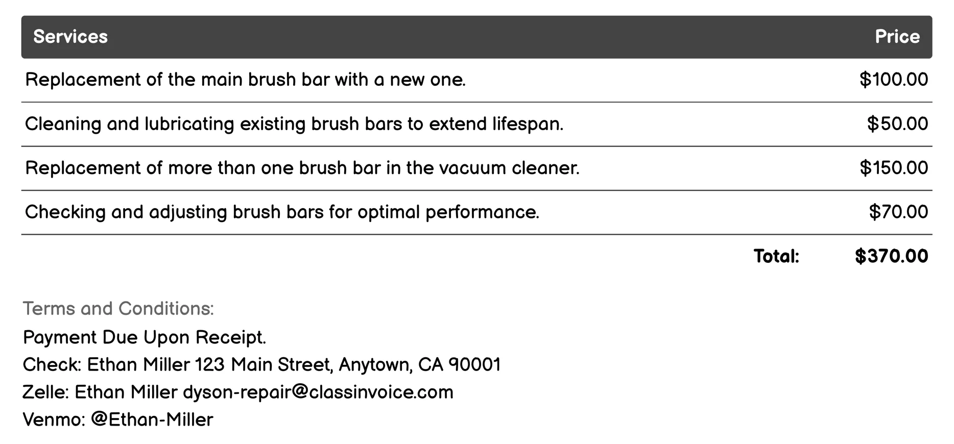 Brush Bar Replacement Invoice Example