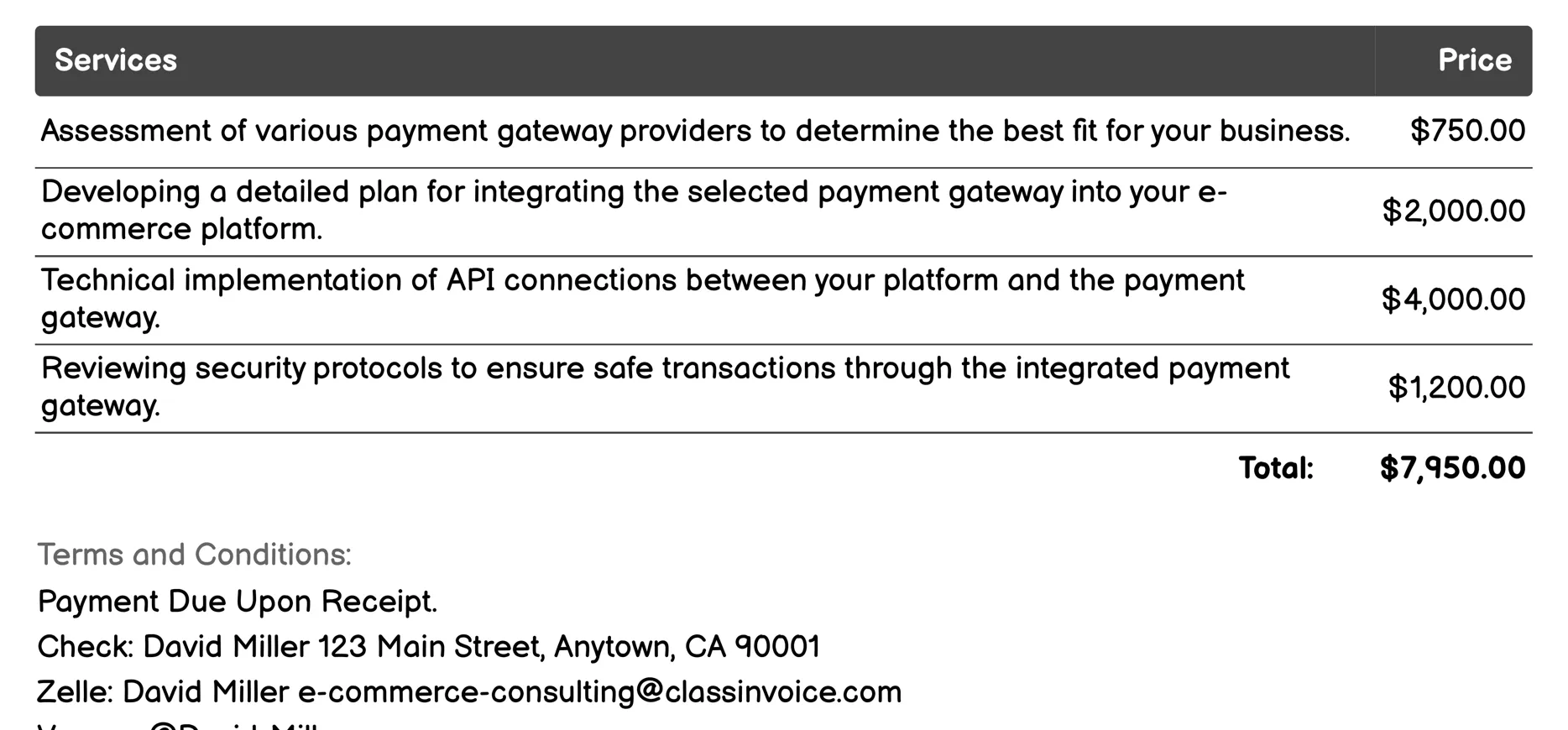 Payment Gateway Integration Invoice Example