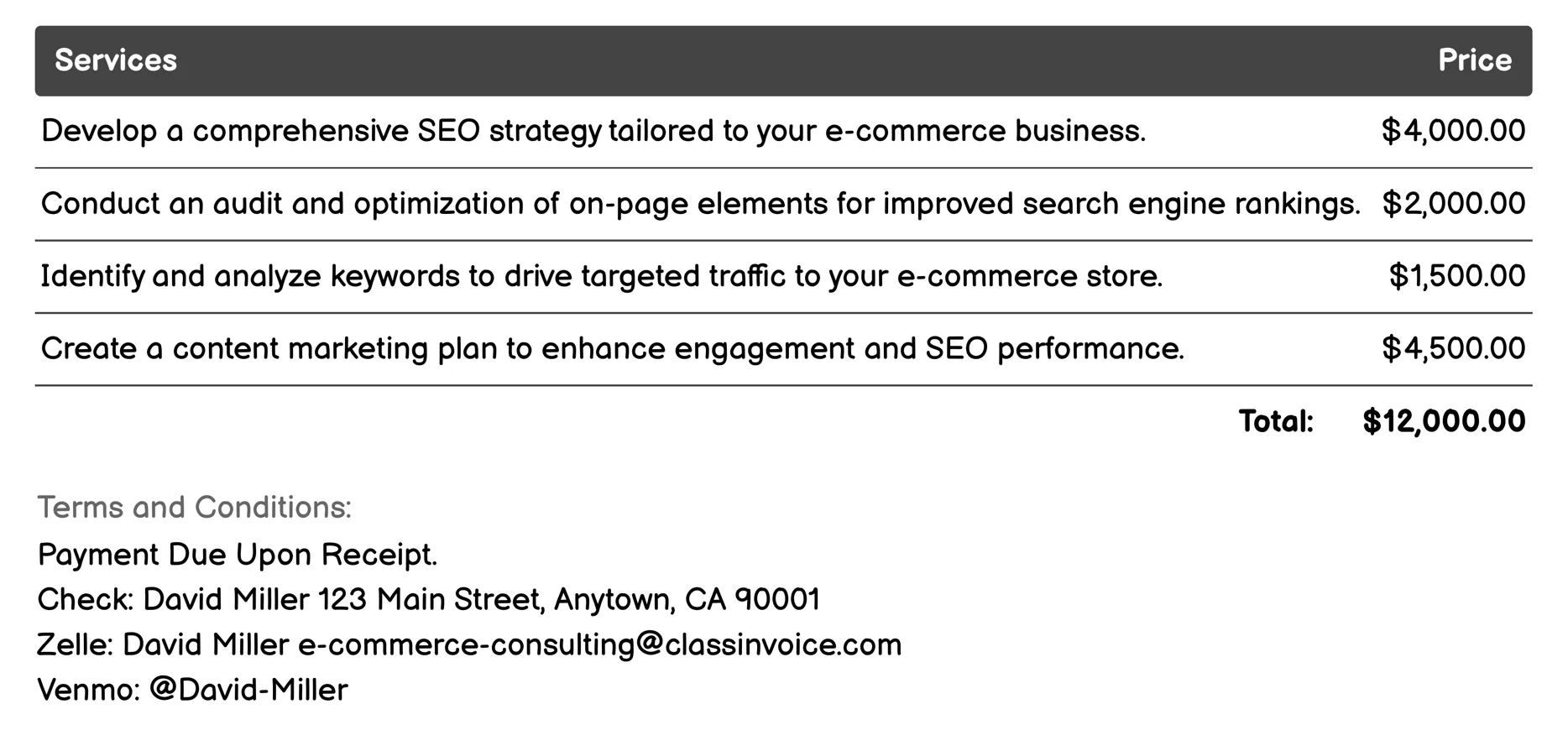 SEO and Digital Marketing Invoice Example