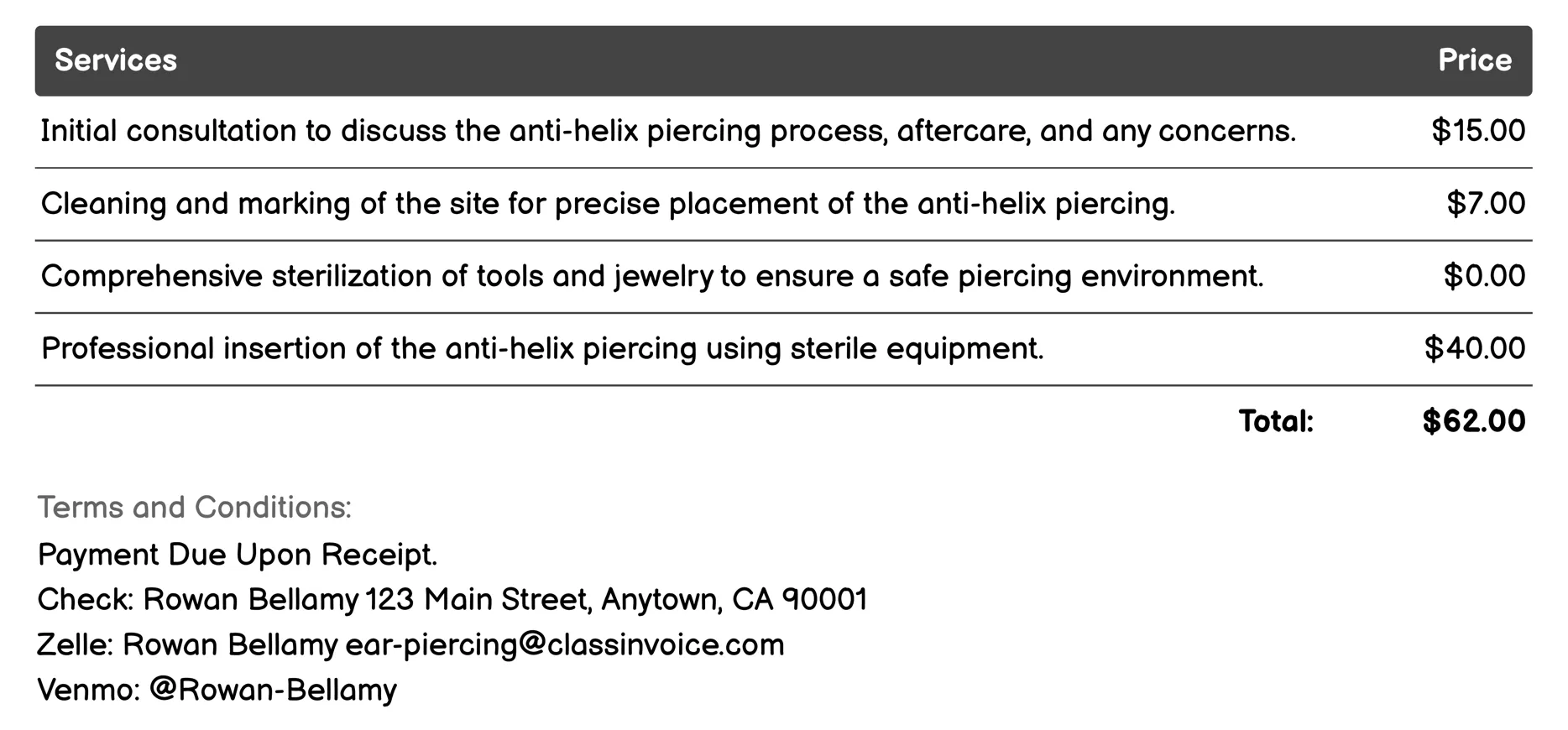 Anti-Helix Piercing Invoice Example