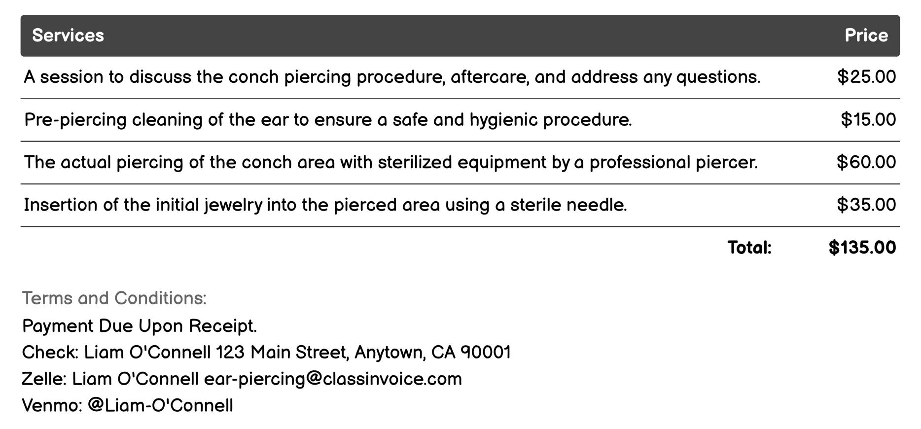 Conch Piercing Invoice Example