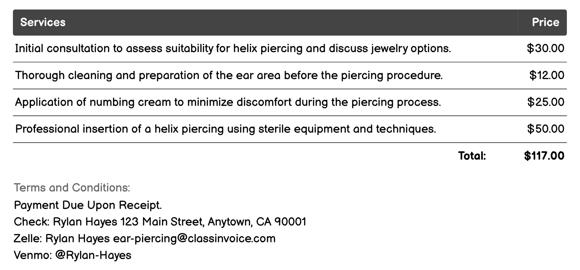 Helix Piercing Invoice Example