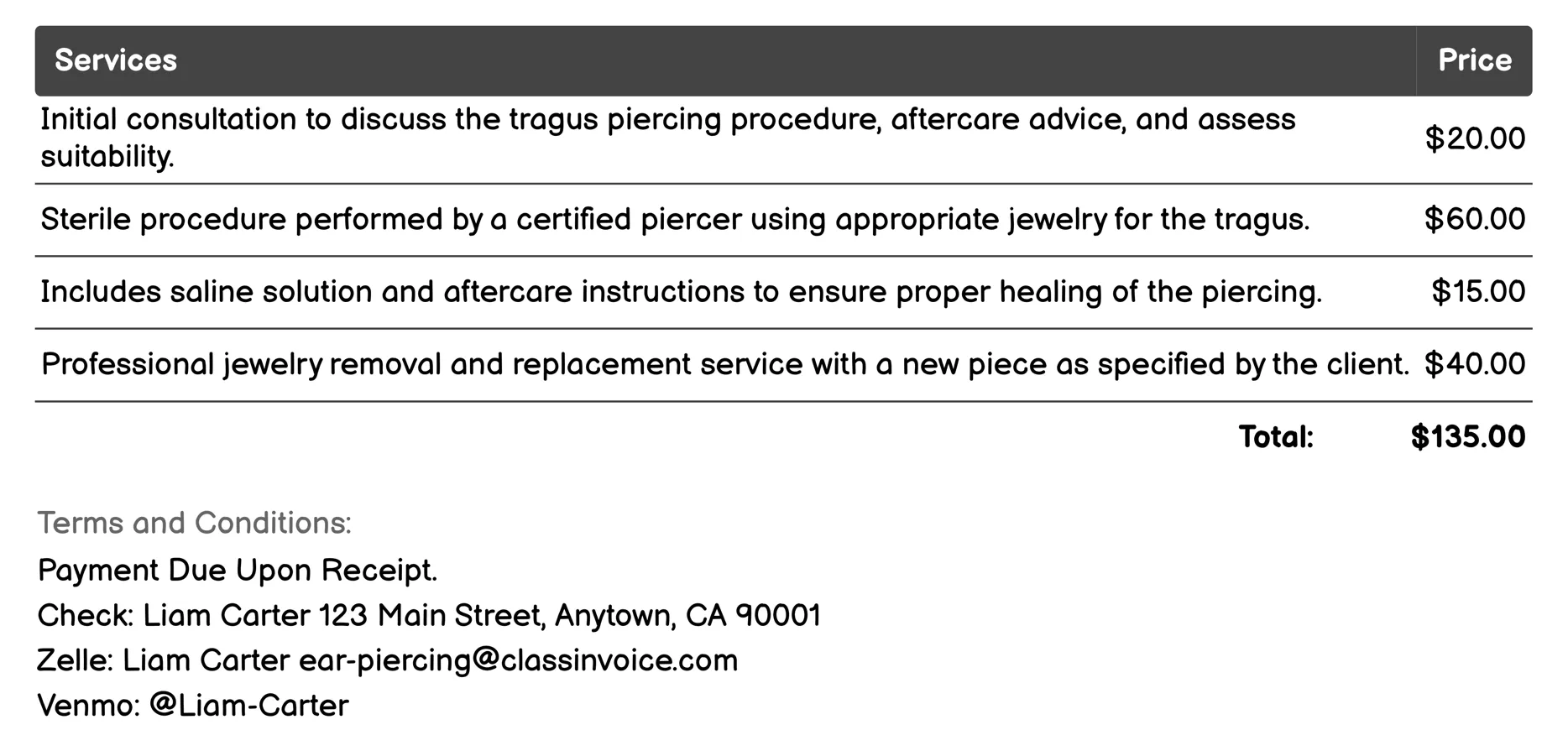 Tragus Piercing Invoice Example