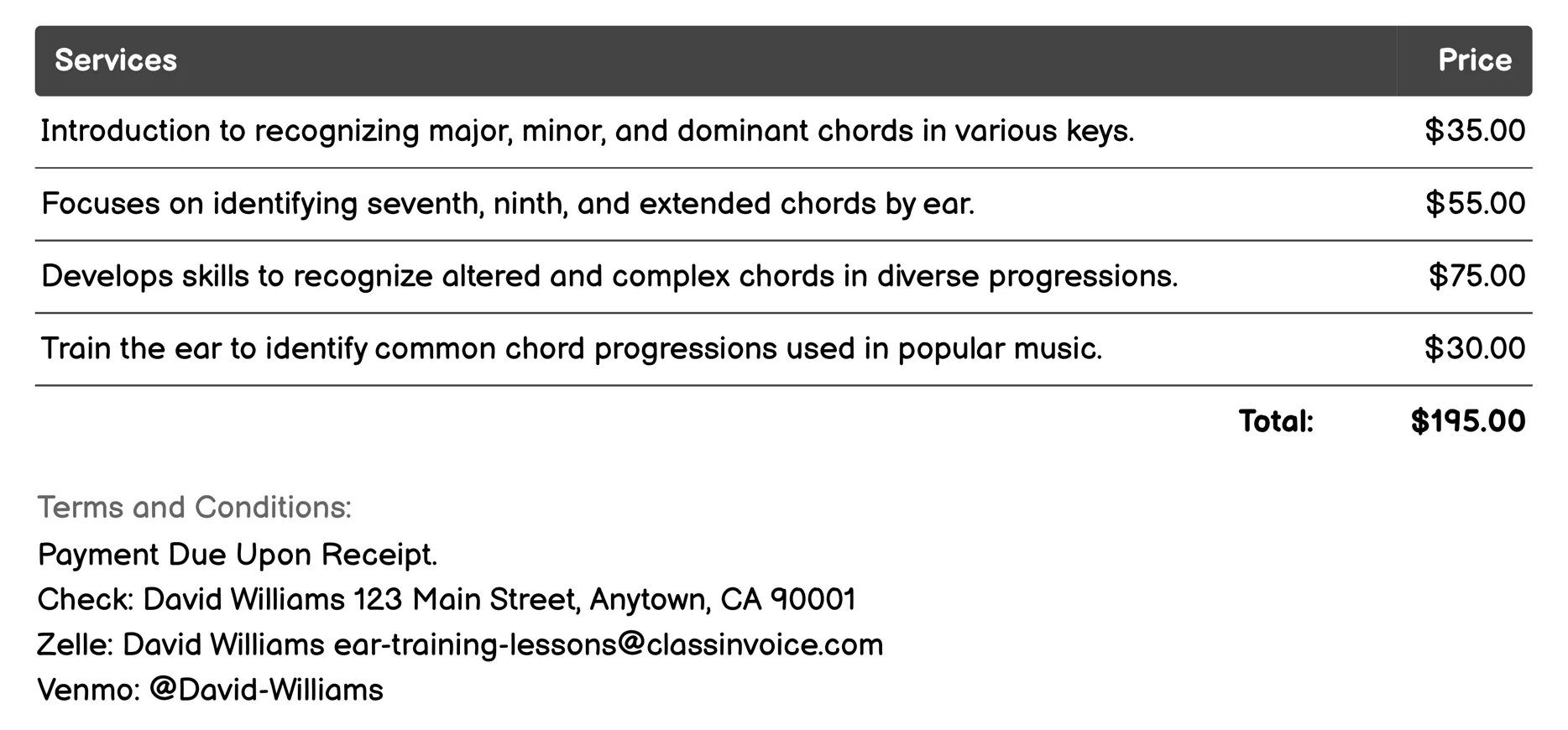 Chord Identification Invoice Example